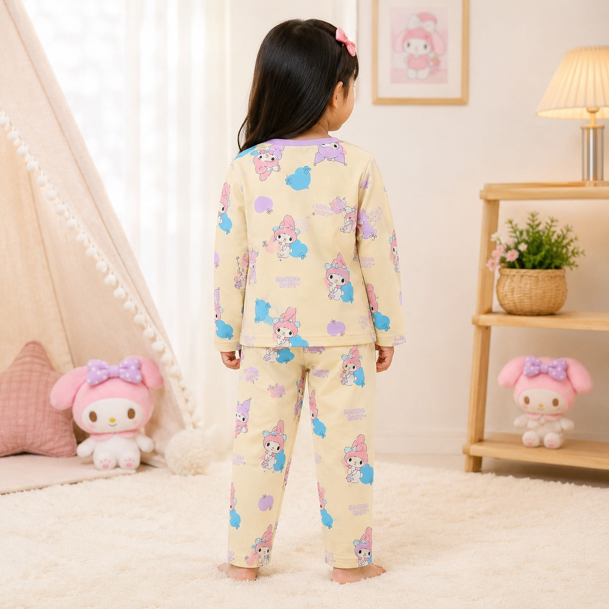 Smile Baby girls printed cotton full sleeve pajama set in cream color, back view, soft night suit for 18 months to 10 years