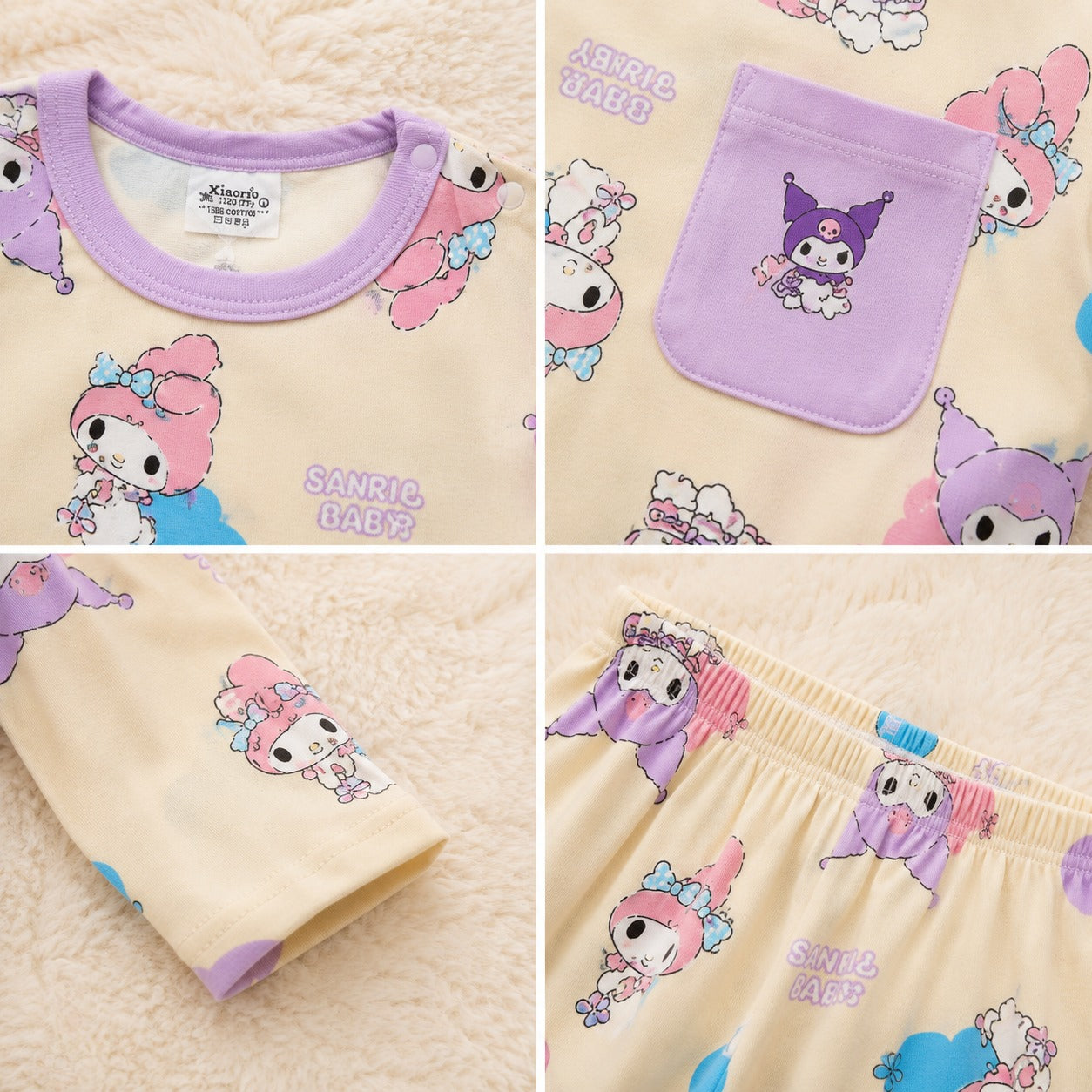 Smile Baby girls premium paper cotton pajama set close-up collage featuring round neck, printed pocket, sleeve cuff, elastic waistband and soft breathable fabric for ages 18 months to 10 years