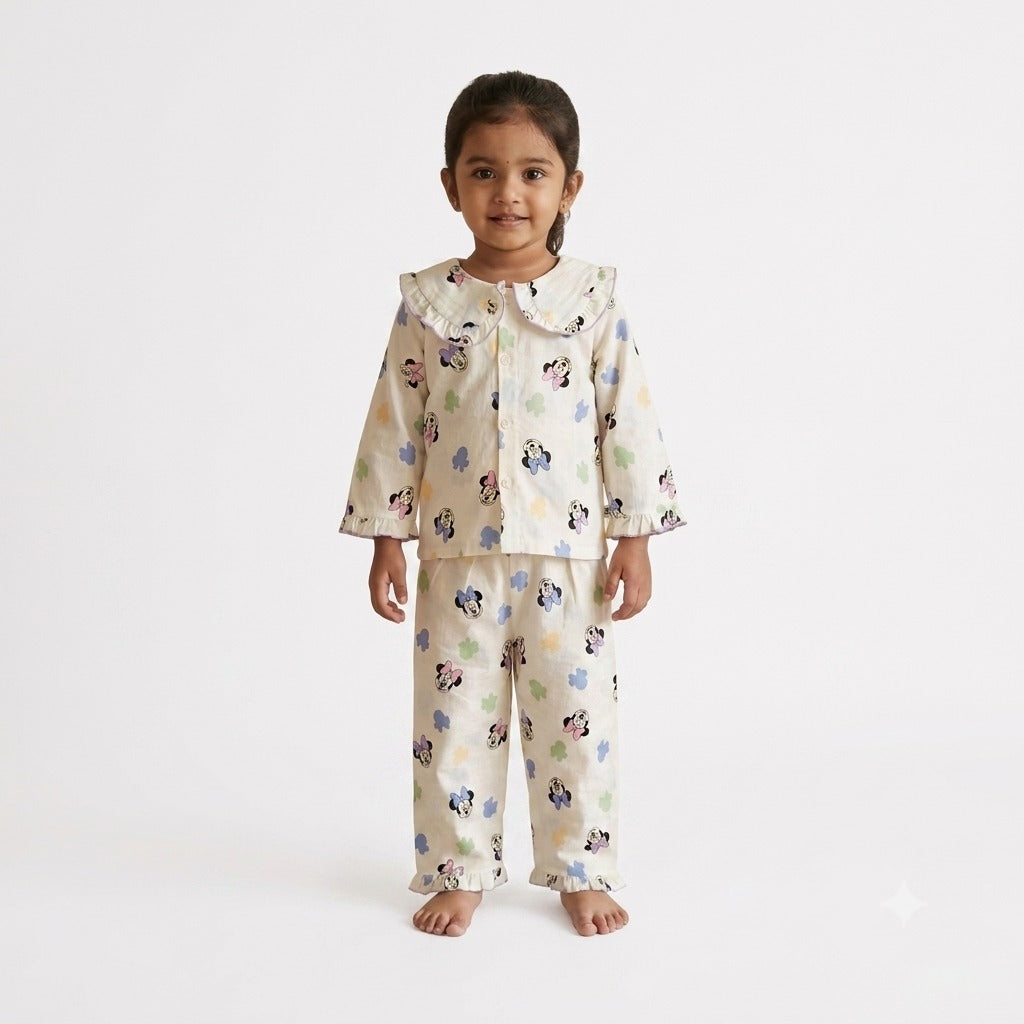 Smile Baby girls paper cotton full sleeve night suit with printed pajama set in cream color for 18 months to 7 years