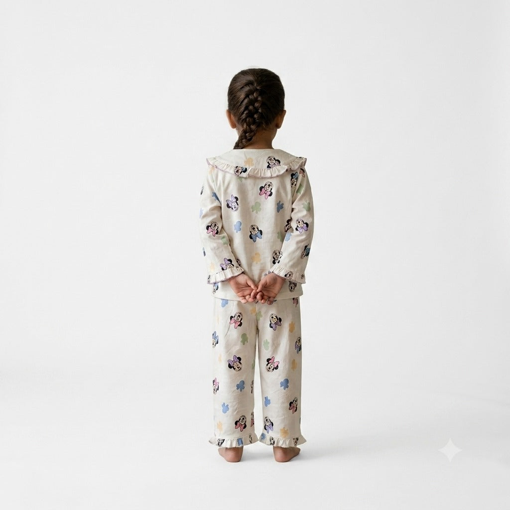 Smile Baby girls paper cotton printed full sleeve night suit back view with matching pajama set in cream color for 18 months to 7 years