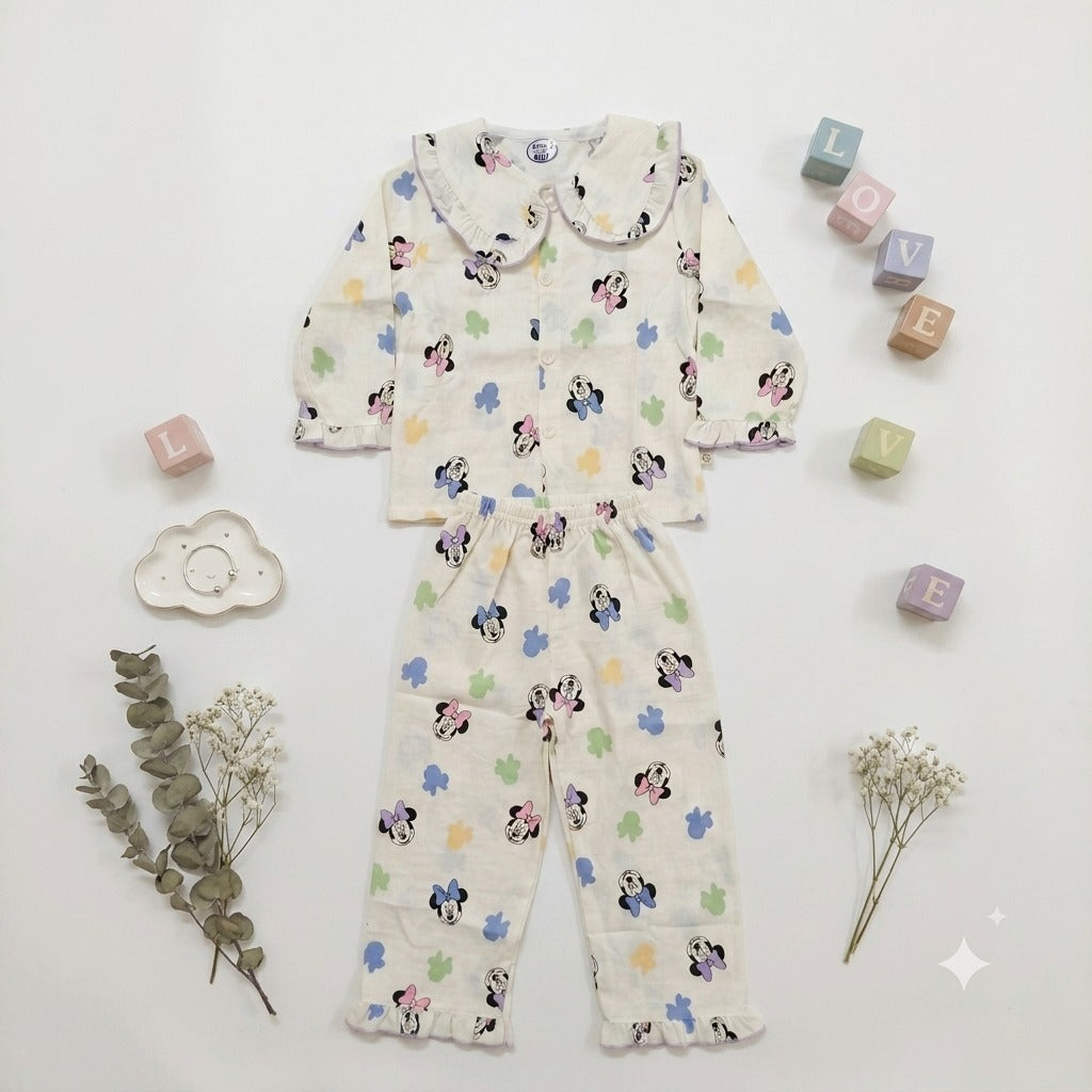 Smile Baby girls paper cotton printed full sleeve night suit with Peter Pan collar and matching pajama set in cream color for 18 months to 7 years