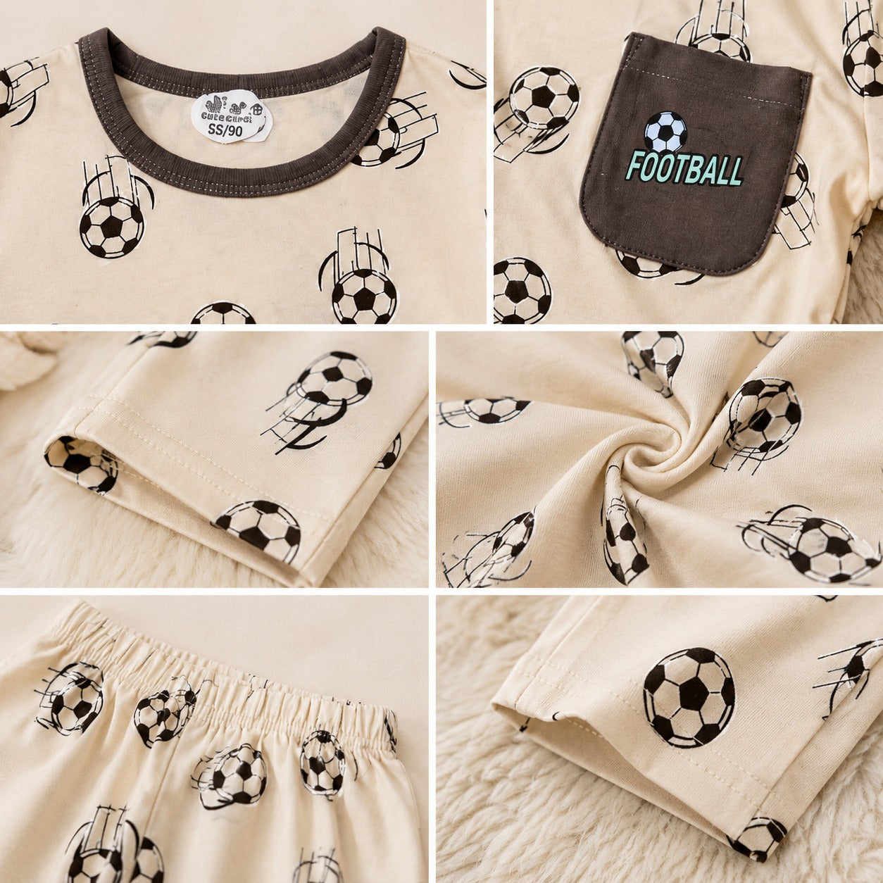 Close-up of Smile Baby boys football print pajama set showing round neck, chest pocket, elastic waistband, sleeve cuffs and fabric details for kids 18 months to 4 years