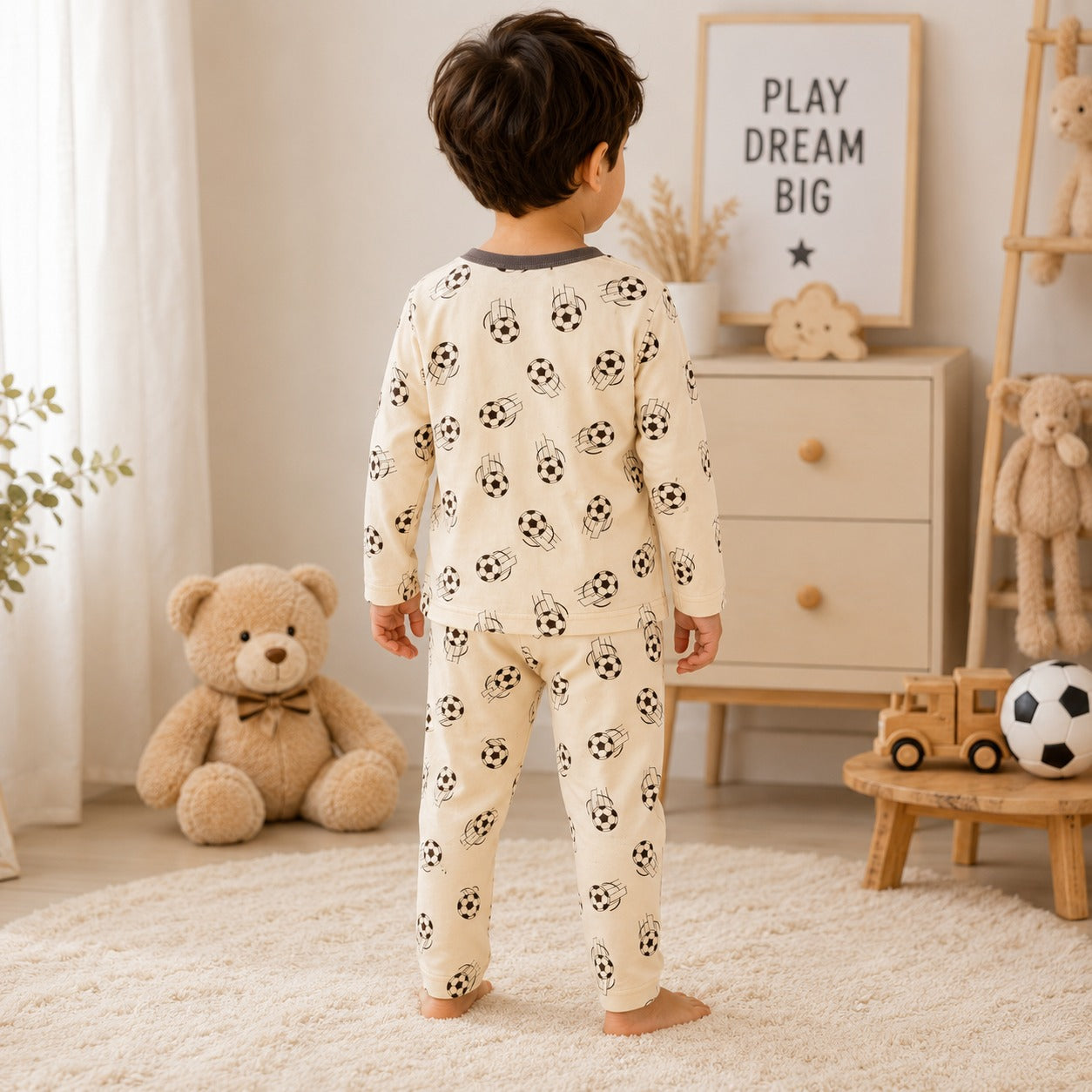 Back view of Smile Baby boys football print full sleeve pajama set with matching elastic waist pants, comfortable kids night suit for 18 months to 4 years