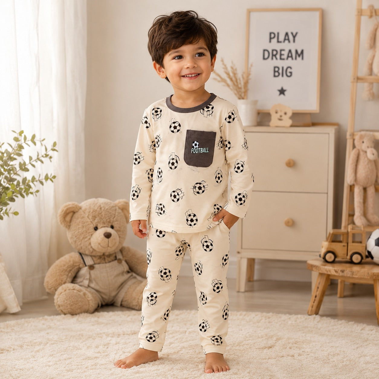 Smile Baby boys football print full sleeve pajama set with chest pocket, soft breathable night suit for kids 18 months to 4 years, front view