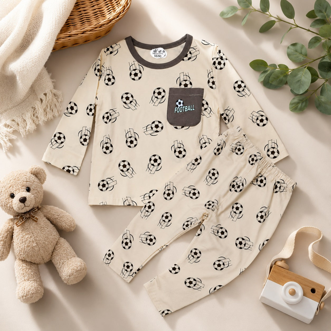 Smile Baby boys football print full sleeve pajama set with chest pocket and matching elastic waist pants, kids night suit for 18 months to 4 years