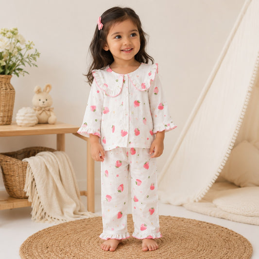 Smile Baby girls strawberry print cotton night suit front view with full sleeve top, ruffle collar, matching pajama, soft comfortable sleepwear for toddlers and kids.