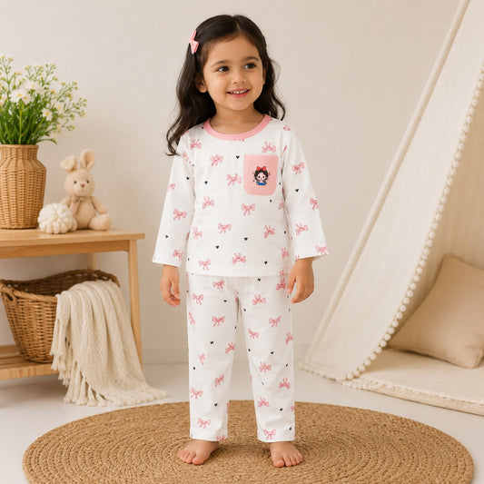 Smile Baby Girls Bow Print Full Sleeve Night Suit | Soft & Breathable Pajama Set | 18 Months to 10 Years 