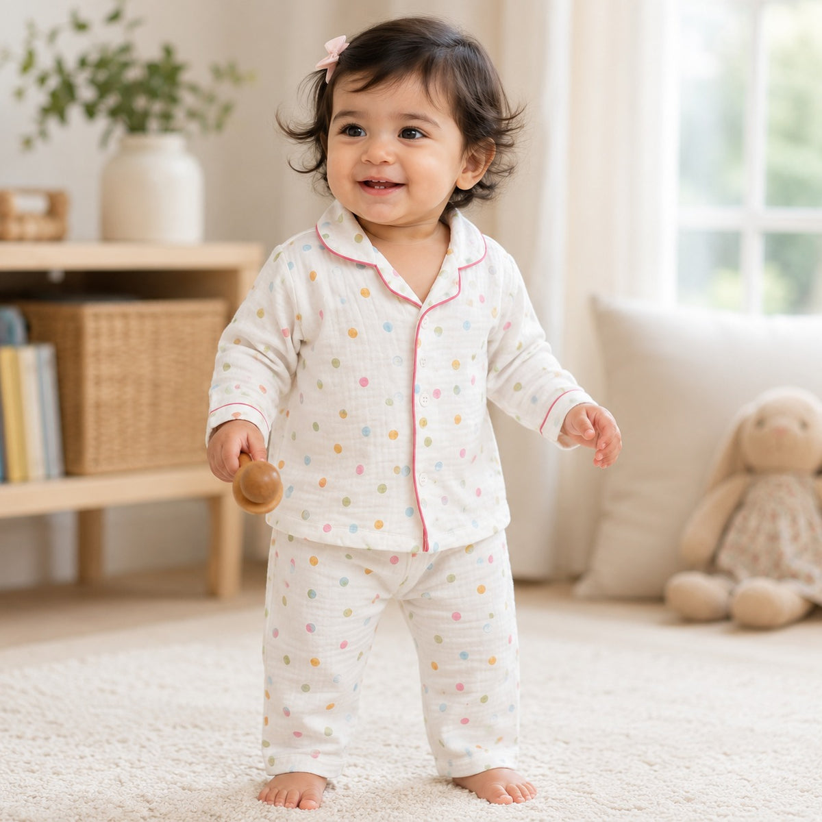 Smile Baby Girls Premium Muslin Cotton Night Suit Front View with Pink Piping and Polka Dot Print
