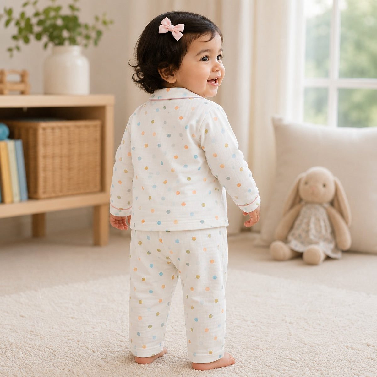 Smile Baby Girls Premium Muslin Cotton Night Suit Back View with Multicolor Polka Dot Print