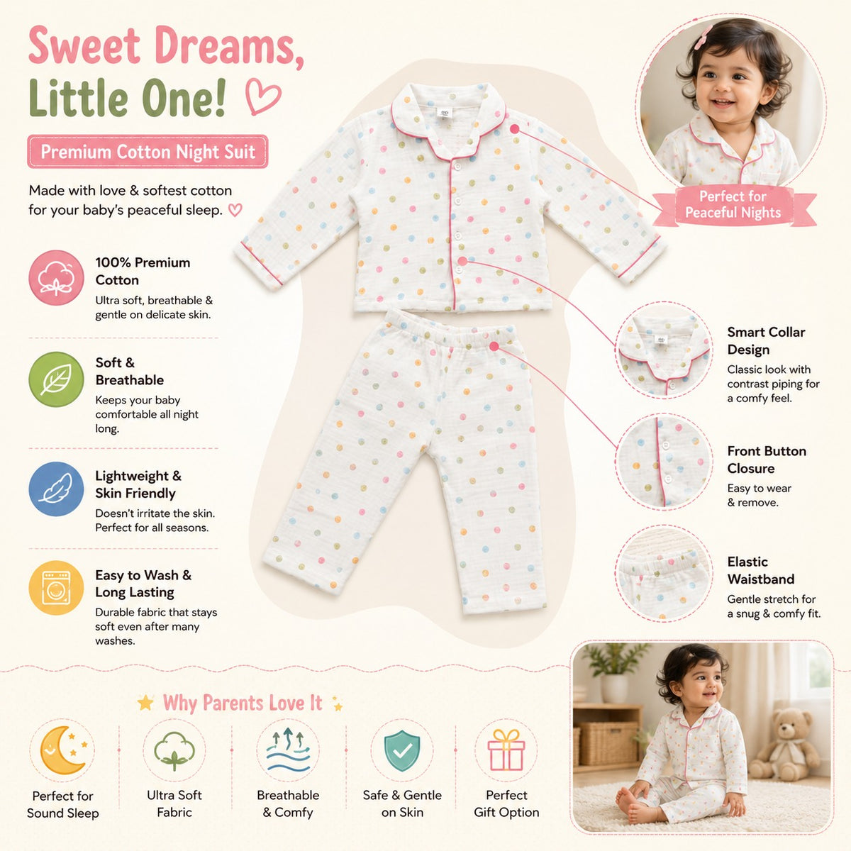Smile Baby Girls Premium Muslin Cotton Night Suit Features Infographic with Soft Muslin Fabric and Breathable Design