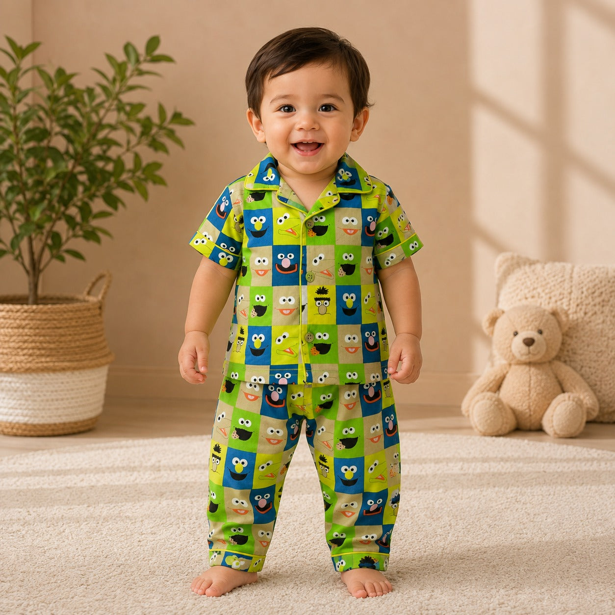 Boy wearing Smile Baby green cotton night suit with colorful cartoon check print front view