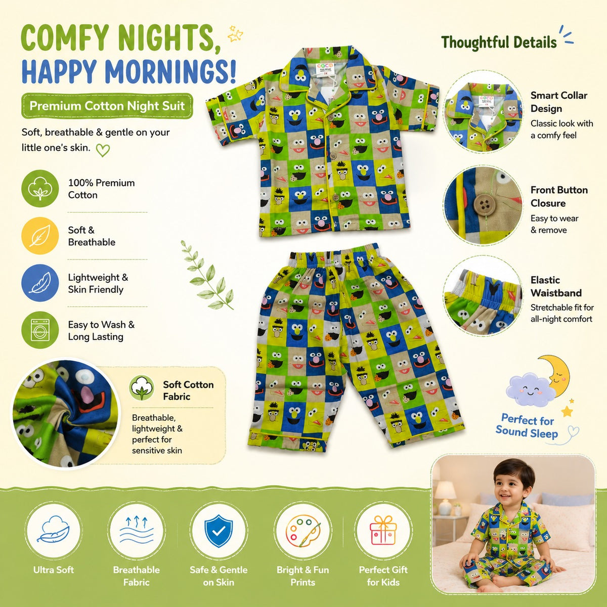 Close-up of Smile Baby boys green cotton night suit showing cartoon print, collar, button closure, elastic waistband, and premium stitching