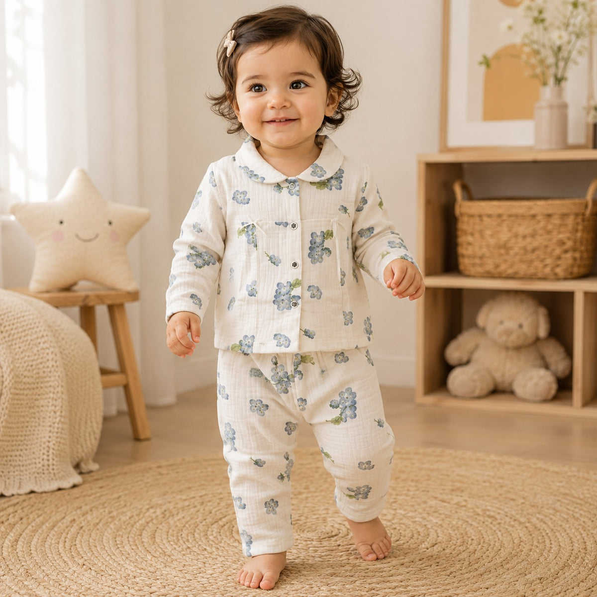 Smile Baby Girls Cream Floral Muslin Cotton Co-Ord Set Front View on Toddler Model
