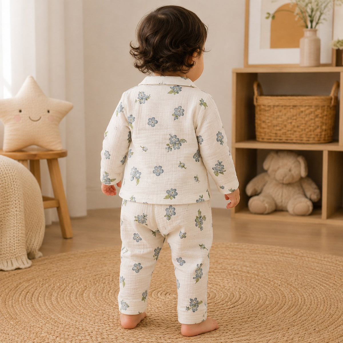 Back View of Smile Baby Girls Cream Floral Muslin Cotton Co-Ord Set for Babies and Toddlers