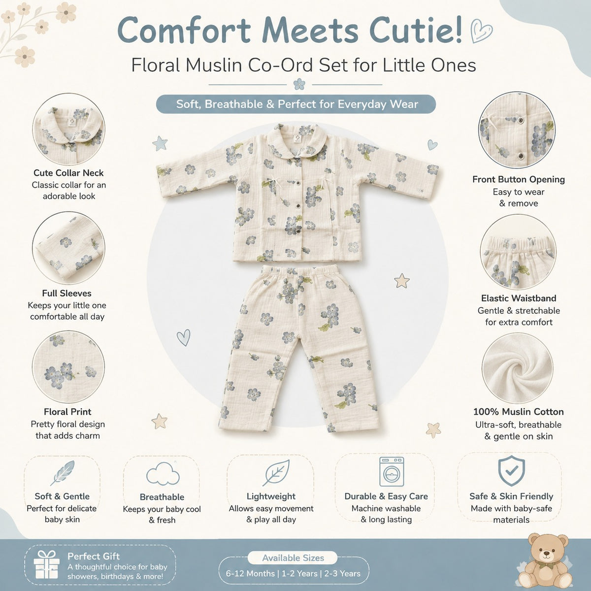Smile Baby Girls Cream Floral Muslin Cotton Co-Ord Set Features Infographic with Collar Button Closure Elastic Waistband