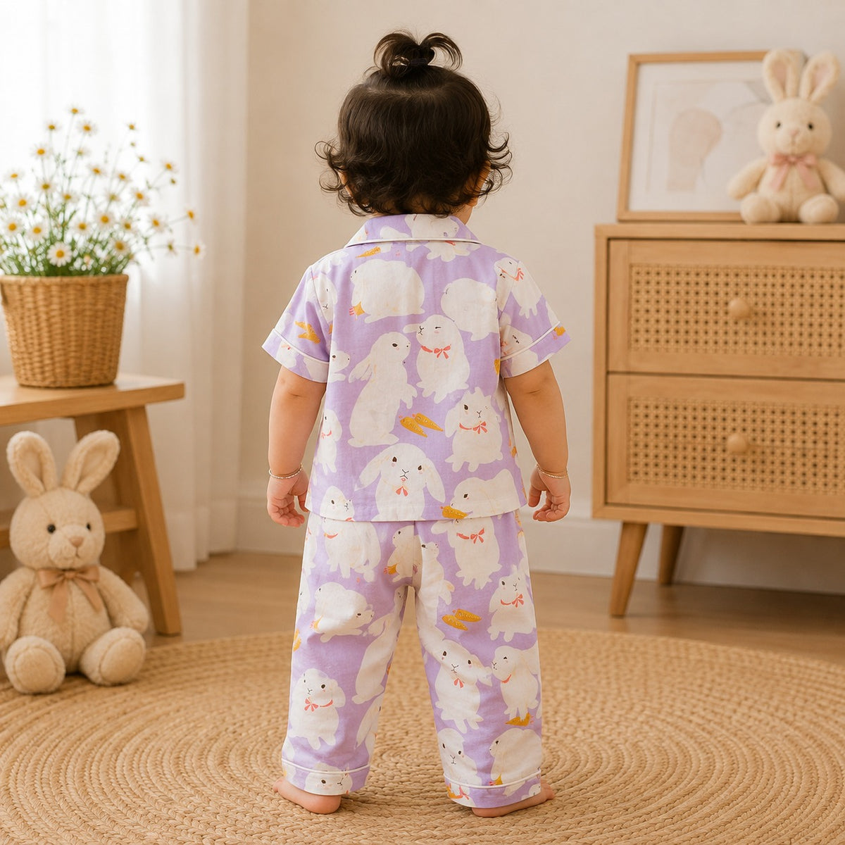 Back view of Smile Baby girls purple cotton night suit featuring cute bunny and carrot print