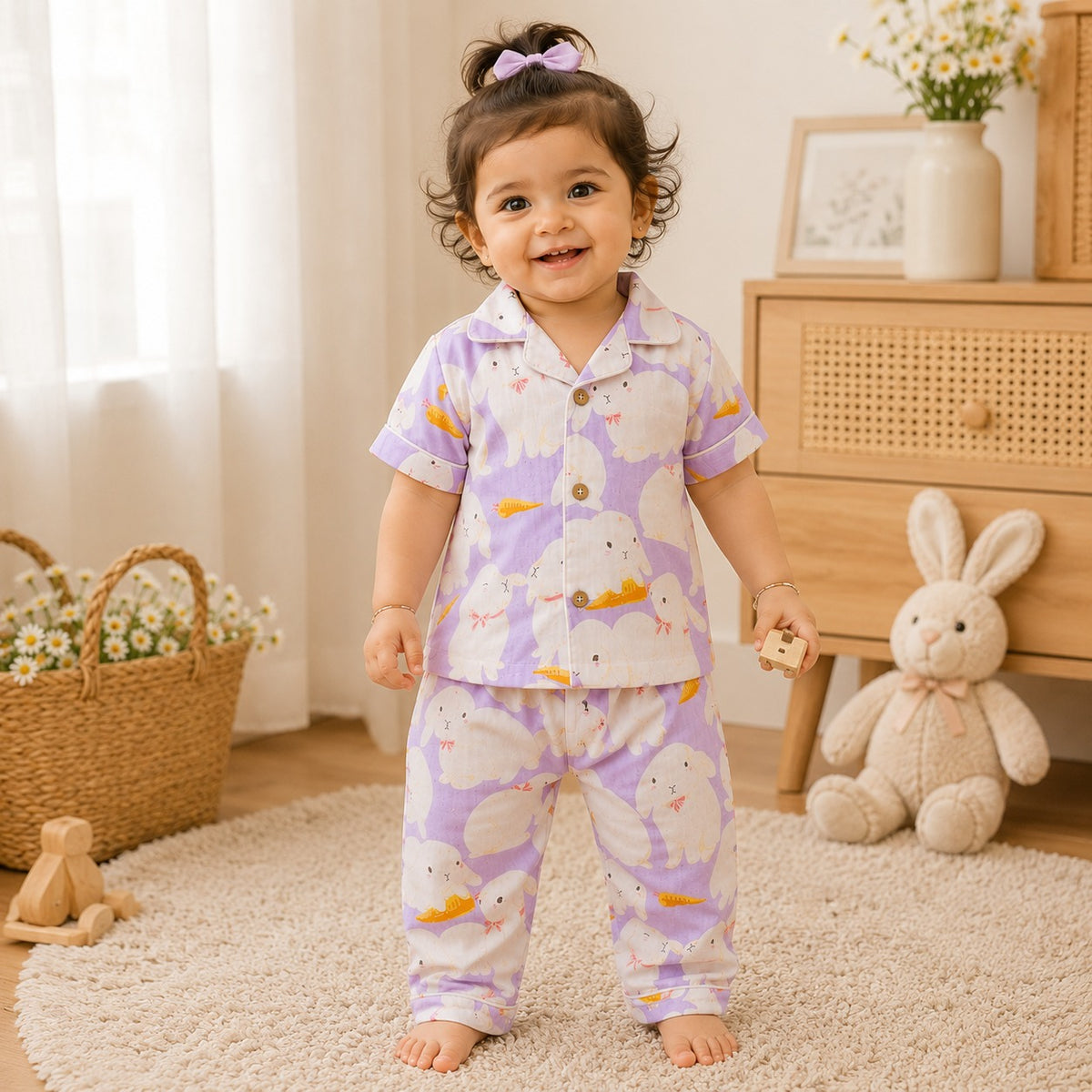 Girl wearing Smile Baby purple cotton night suit with adorable bunny print front view