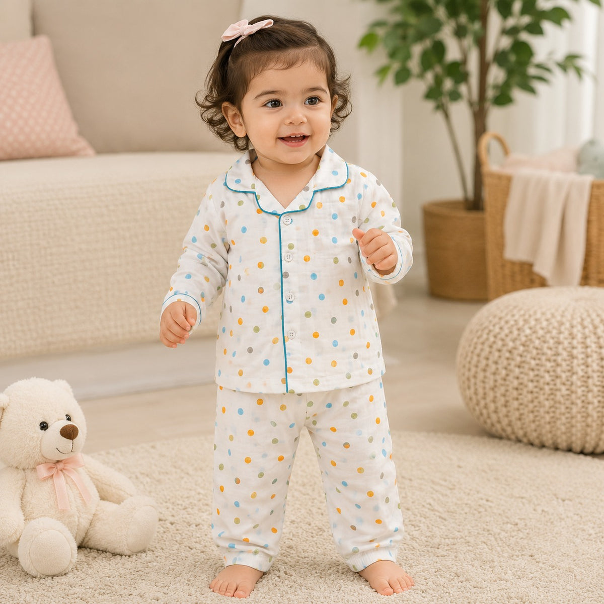Smile Baby Girls Muslin Cotton Night Suit Front View with Green Piping and Multicolor Polka Dot Print