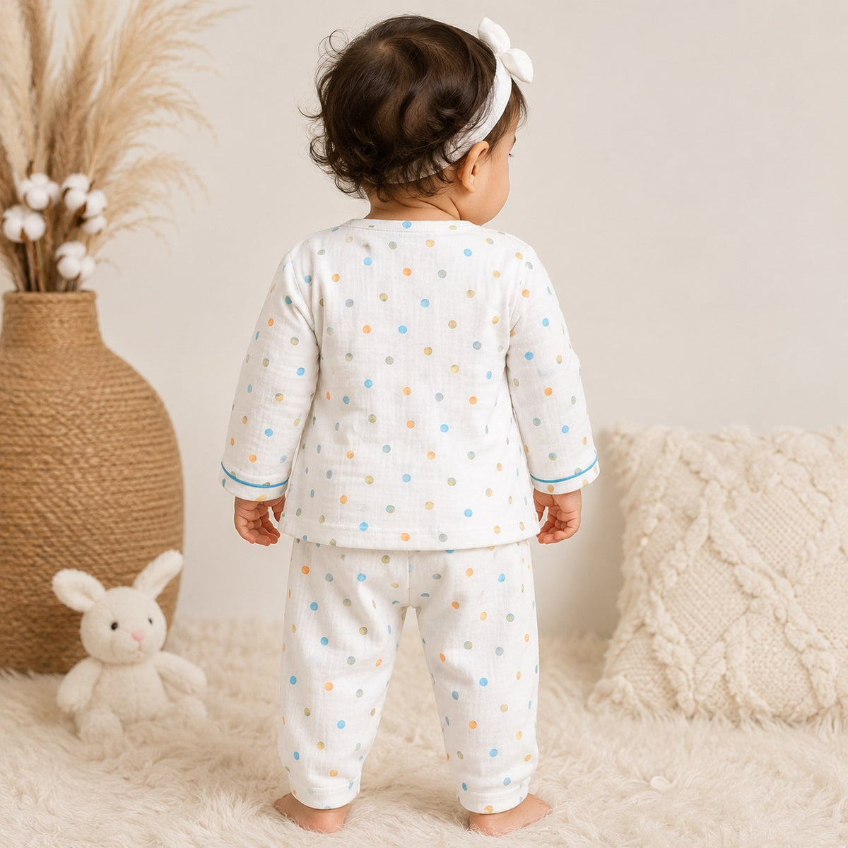 Back View of Smile Baby Girls Muslin Cotton Night Suit with Green Piping and Polka Dot Print
