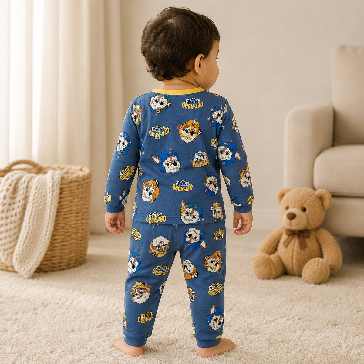 Back view of Smile Baby boys powder blue full sleeve cotton night suit with adorable puppy print and comfortable regular fit.