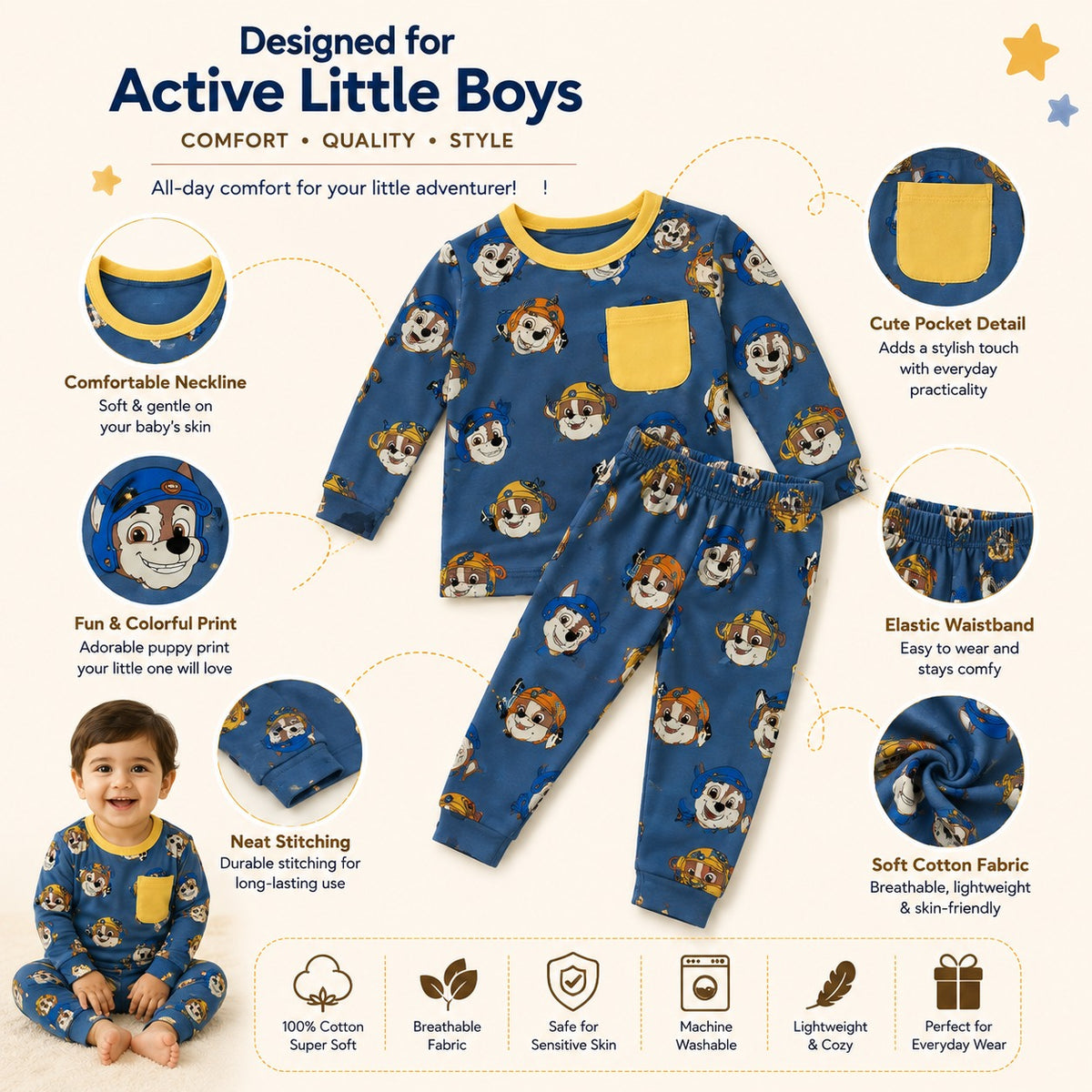Smile Baby boys powder blue full sleeve cotton night suit with puppy print, soft breathable fabric, round neck, chest pocket and elastic waist pajama feature infographic.