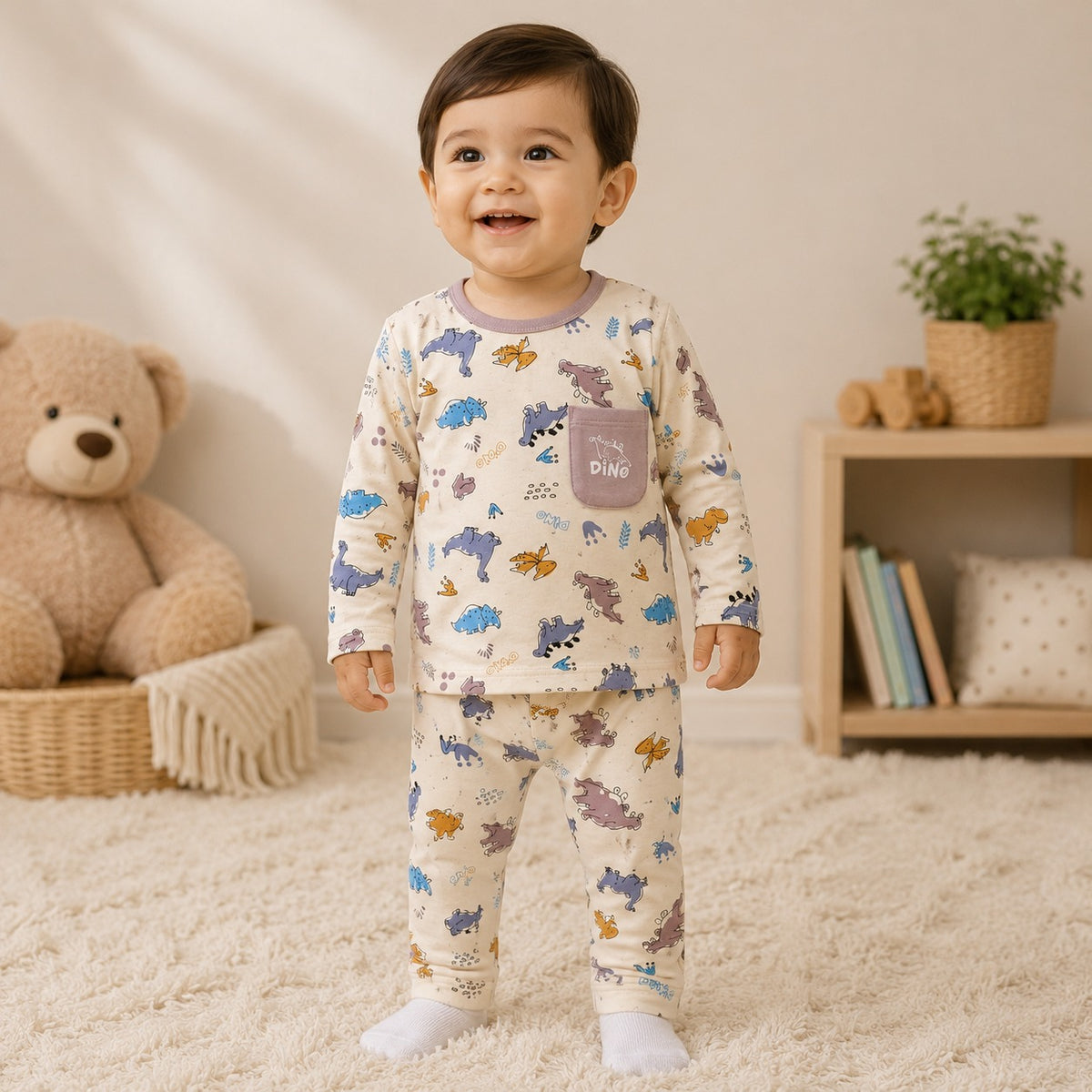 Smile Baby boys cream and rust dinosaur print full sleeve cotton night suit front view with round neck, Dino pocket and comfortable regular fit.