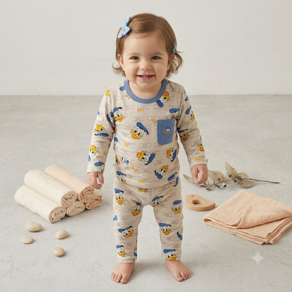 Smile Baby girls beige Disney Donald Duck print full sleeve cotton night suit front view with blue contrast pocket and comfortable regular fit.