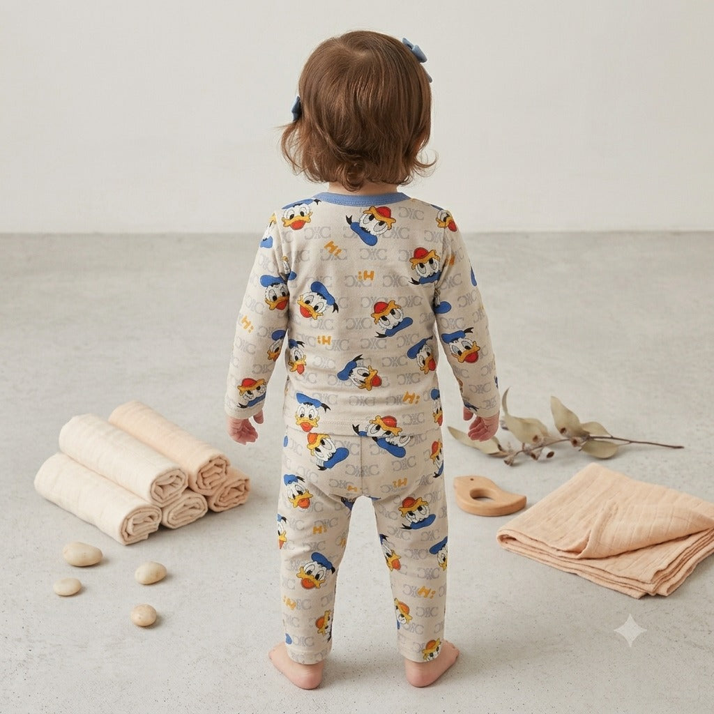 Back view of Smile Baby girls beige Disney Donald Duck print full sleeve cotton night suit featuring all-over licensed character print and soft cotton fabric.