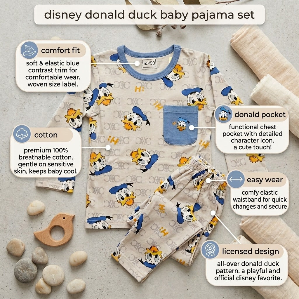 Smile Baby girls Disney Donald Duck beige cotton night suit infographic highlighting premium cotton fabric, contrast pocket, soft neckline, elastic waistband, licensed Disney print and breathable comfort.