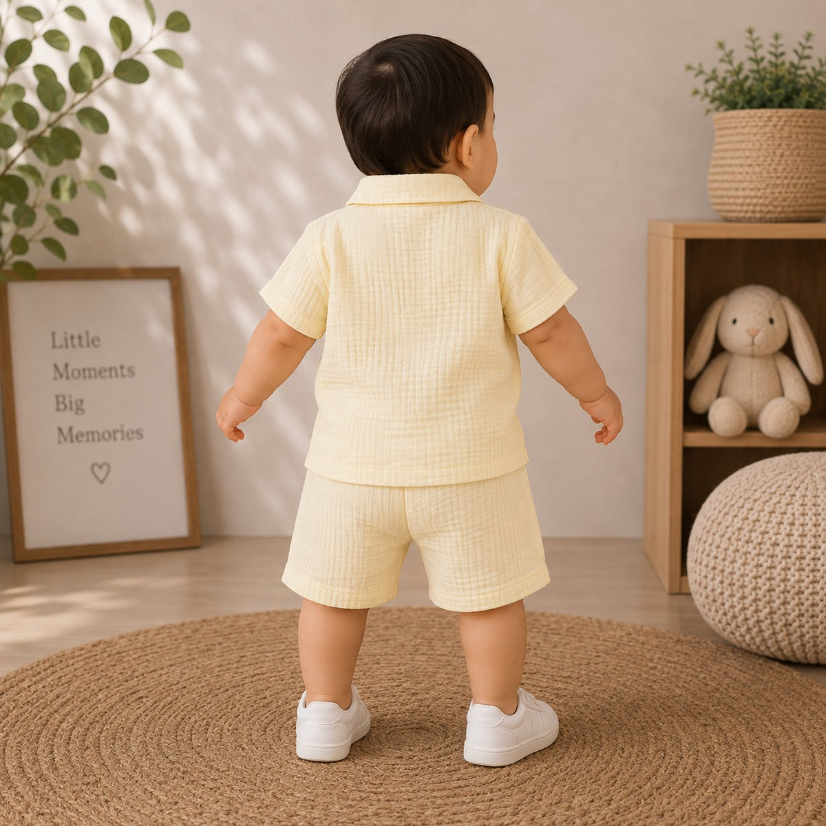 Smile Baby yellow muslin baby boy outfit back view with matching shorts