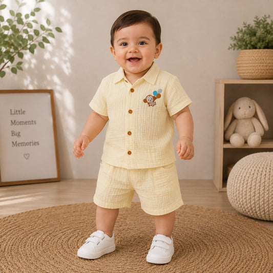 Smile Baby yellow muslin shirt and shorts set for baby boys 3 months to 3 years front view