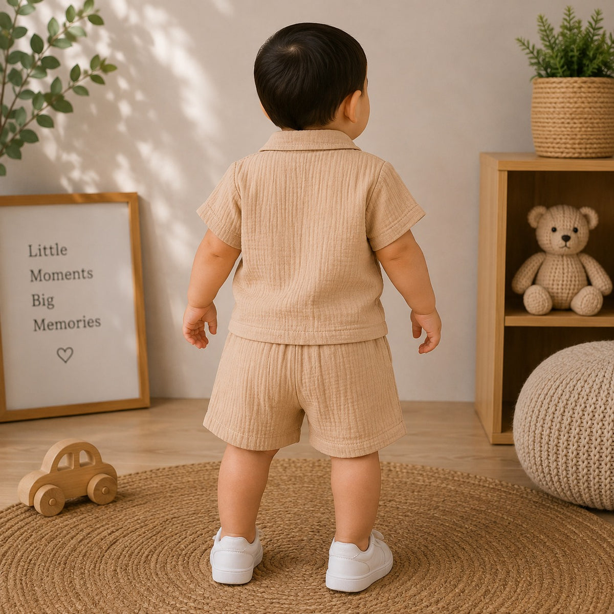 Smile Baby brown muslin baby boy shirt and shorts set back view with matching shorts