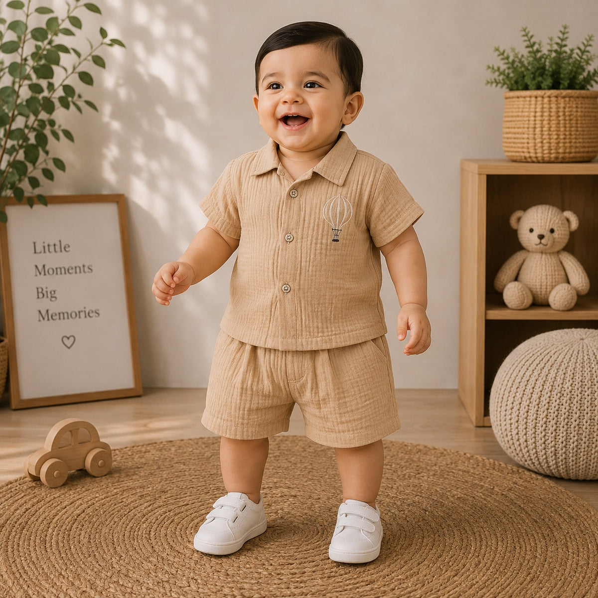 Smile Baby brown muslin shirt and shorts co-ord set for baby boys 3 months to 3 years front view