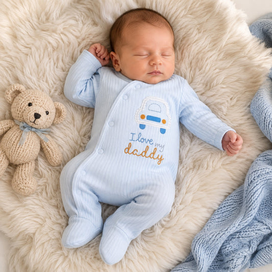 Smile Baby blue cotton newborn romper with car embroidery and I Love My Daddy text