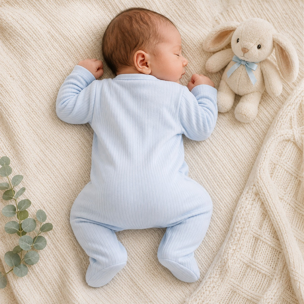 Smile Baby blue ribbed newborn footie romper back view with full sleeves and covered feet