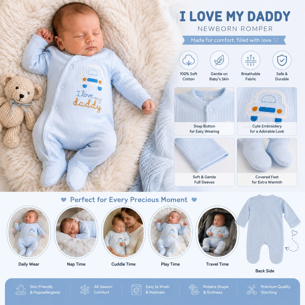 Smile Baby blue cotton ribbed footie romper for premature and newborn baby with car embroidery and I Love My Daddy design