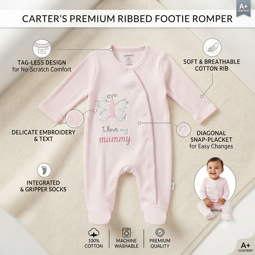 Smile Baby pink newborn footie romper features infographic with soft cotton rib, butterfly embroidery, snap-placket and integrated footies