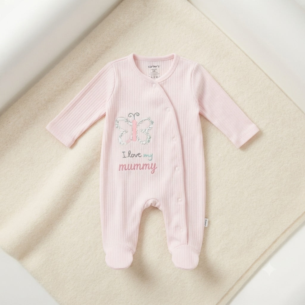 Smile Baby pink cotton ribbed newborn footie romper with butterfly embroidery and I Love My Mummy text