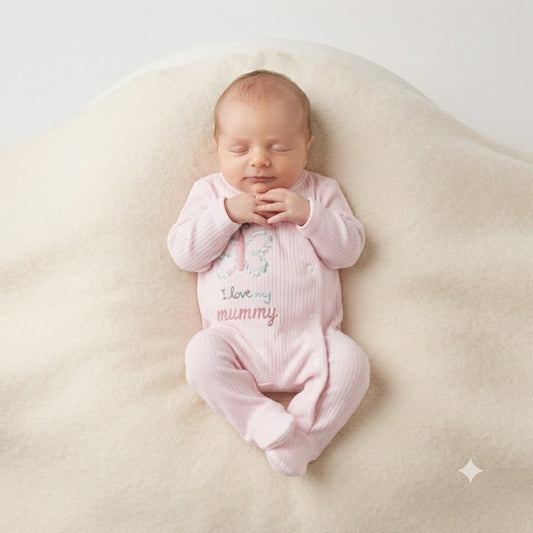 Smile Baby pink cotton ribbed footie romper for premature and newborn baby with butterfly embroidery