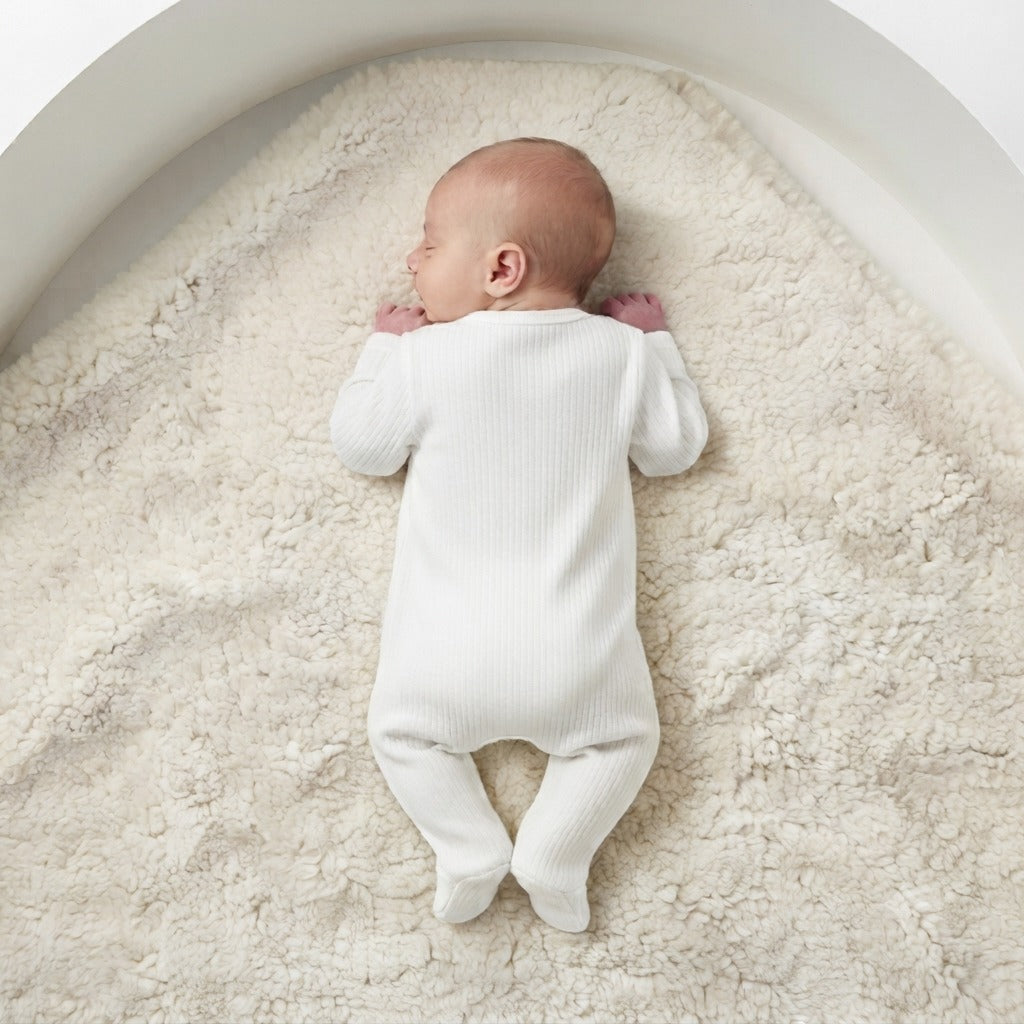 Newborn baby wearing Smile Baby white ribbed footie romper showing the back design and integrated footies