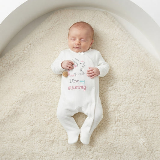Newborn baby wearing Smile Baby white ribbed footie romper with I Love My Mummy embroidery