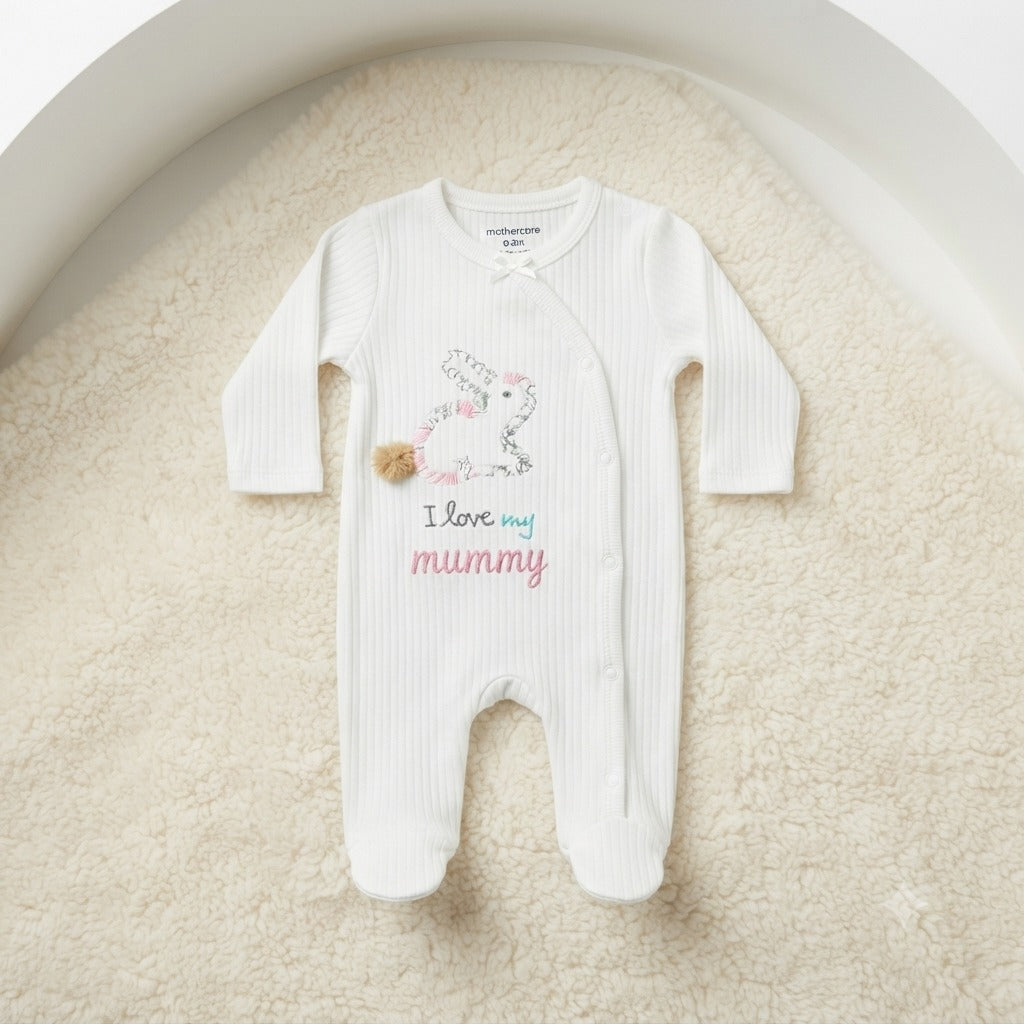 Smile Baby white ribbed footie romper with I Love My Mummy embroidery and integrated footies front view