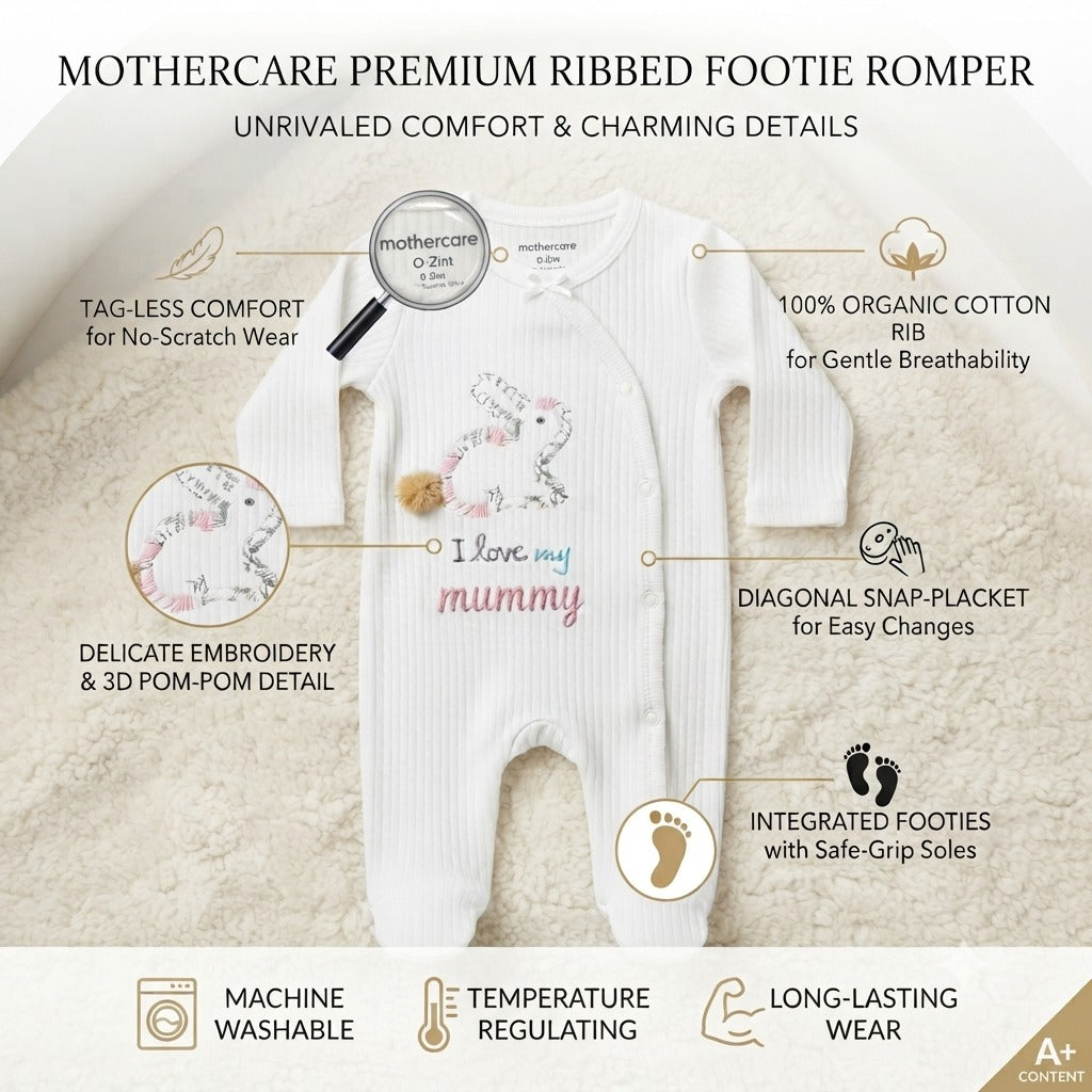 Smile Baby white ribbed footie romper for premature and newborn babies with mummy embroidery, 3D pom-pom and snap-placket features