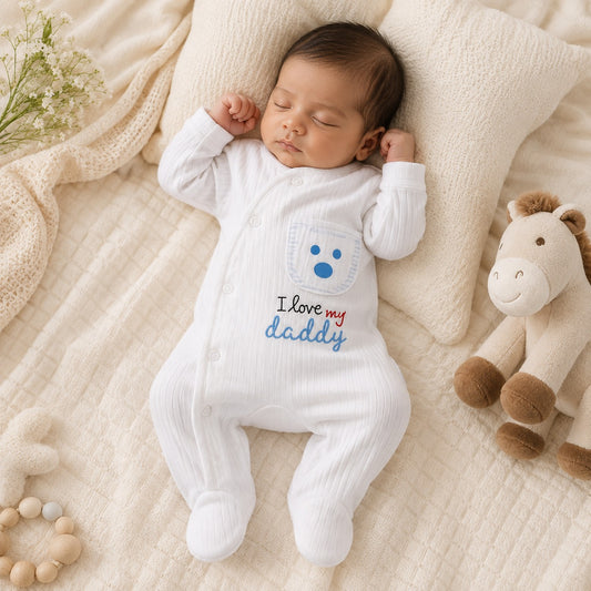 Smile Baby white newborn baby romper with I Love My Daddy embroidery and cute bear pocket front view