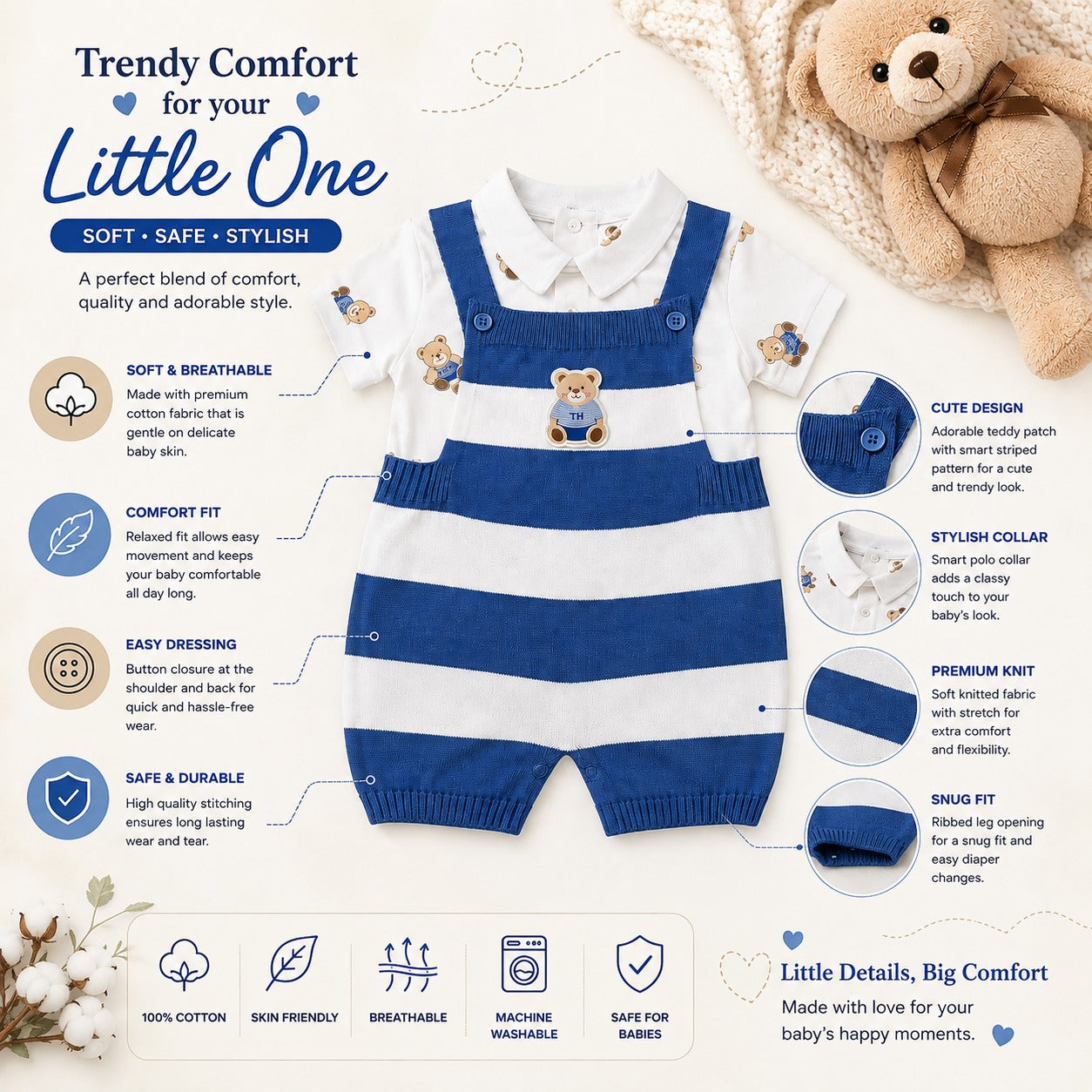 Toffy House baby knitted dungaree set in blue and pink with soft fabric, teddy design and comfortable fit