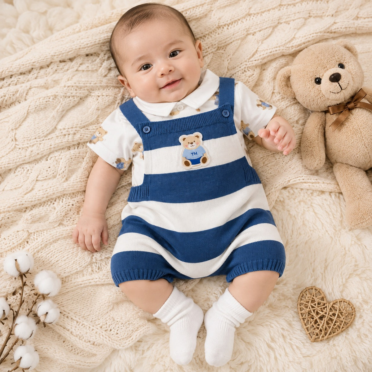Baby boy wearing Toffy House blue striped knitted dungaree set with teddy character design