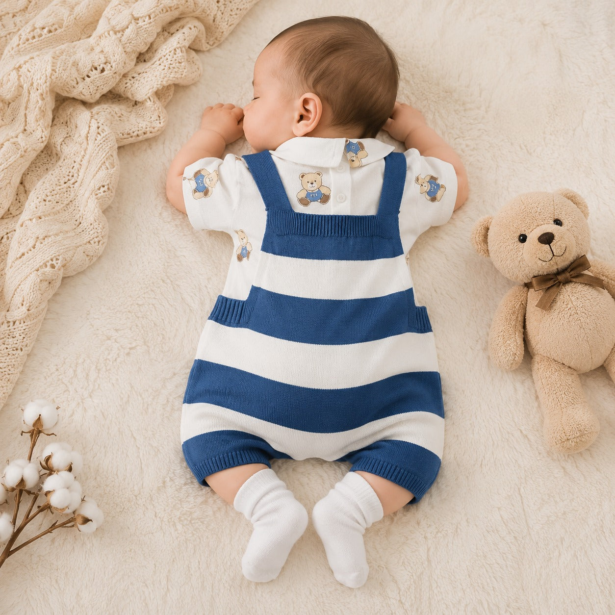 Toffy House blue striped knitted dungaree set back view for baby boys