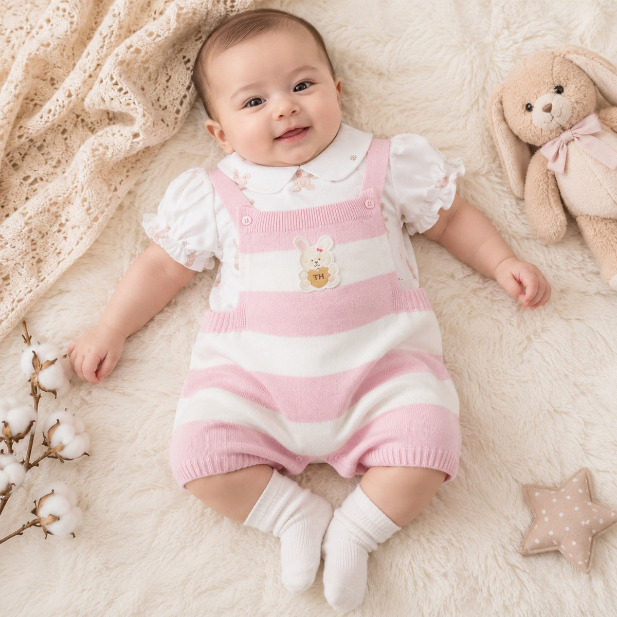 Baby girl wearing Toffy House pink striped knitted dungaree set with cute bunny character design