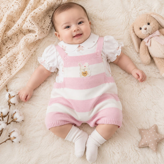 Baby girl wearing Toffy House pink striped knitted dungaree set with cute bunny character design