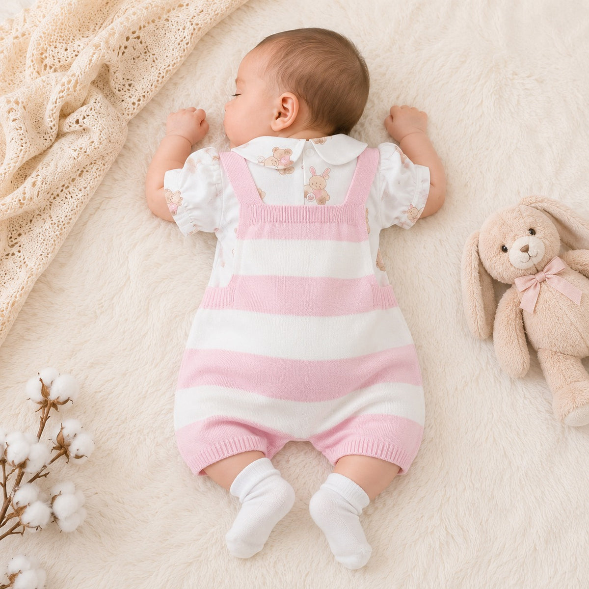 Toffy House pink striped knitted dungaree set back view for baby girls